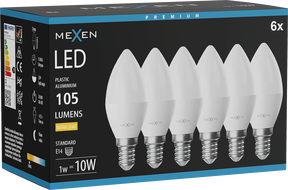 Mexen Nova 6x Žiarovka LED E14, C37, 1W, Teplá - 3000K, 105 lm - L102-E14-0130-01x06