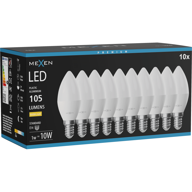 Mexen Nova 10x LED žiarovka E14, C37, 1W, Teplá - 3000K, 105 lm - L102-E14-0130-01x10
