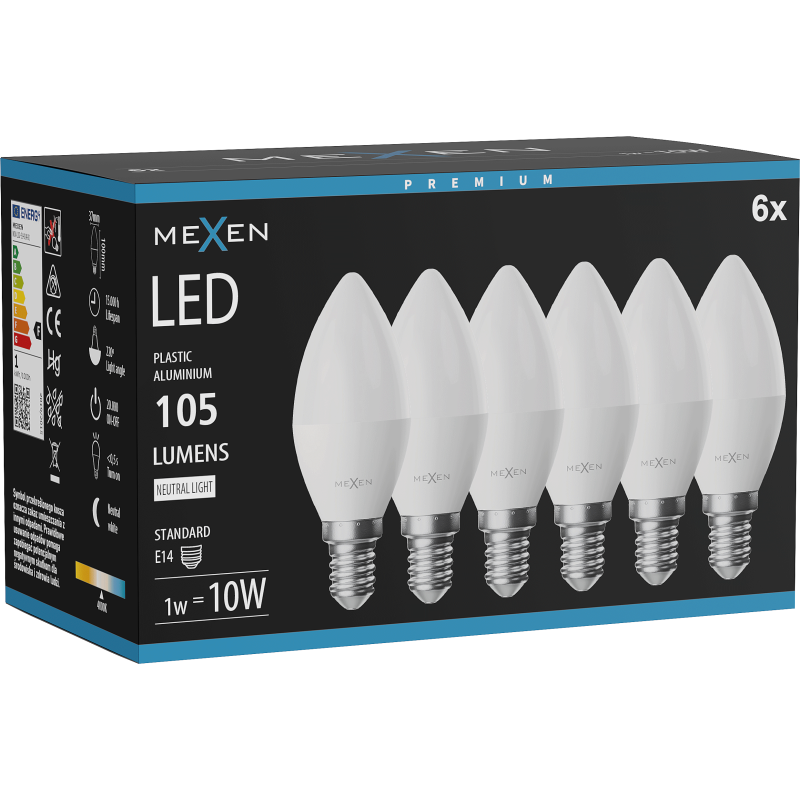 Mexen Nova 6x LED žiarovka E14, C37, 1W, Neutrálna - 4000K, 105 lm - L102-E14-0140-01x06