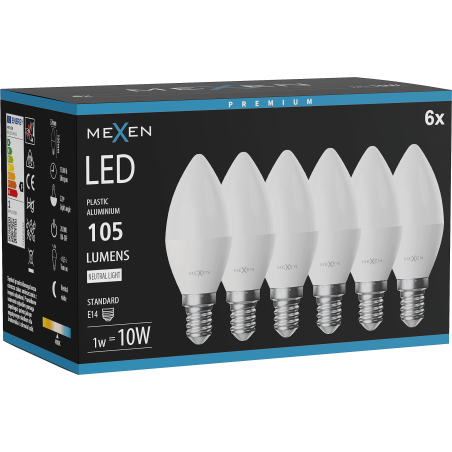 Mexen Nova 6x LED žiarovka E14, C37, 1W, Neutrálna - 4000K, 105 lm - L102-E14-0140-01x06