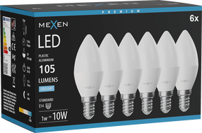Mexen Nova 6x LED žiarovka E14, C37, 1W, Studená - 6500K, 105 lm - L102-E14-0165-01x06