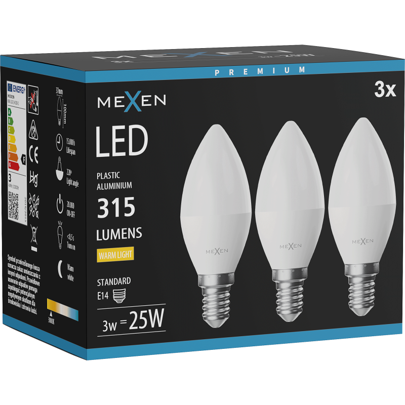 Mexen Nova 3x LED žiarovka E14, C37, 3W, Teplá - 3000K, 315 lm - L102-E14-0330-01x03