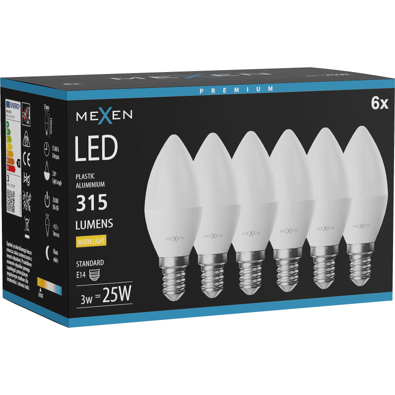 Mexen Nova 6x Žiarovka LED E14, C37, 3W, Teplá - 3000K, 315 lm - L102-E14-0330-01x06