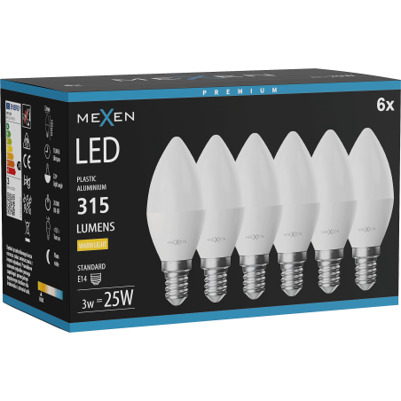 Mexen Nova 6x Žiarovka LED E14, C37, 3W, Teplá - 3000K, 315 lm - L102-E14-0330-01x06