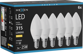 Mexen Nova 6x Žiarovka LED E14, C37, 3W, Teplá - 3000K, 315 lm - L102-E14-0330-01x06
