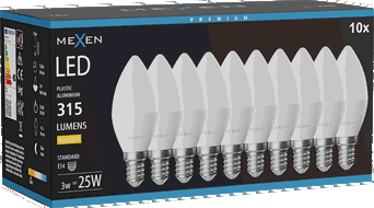 Mexen Nova 10x Žiarovka LED E14, C37, 3W, Teplá - 3000K, 315 lm - L102-E14-0330-01x10