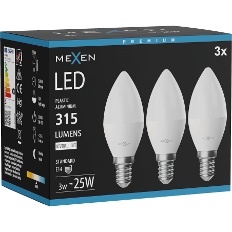 Mexen Nova 3x LED žiarovka E14, C37, 3W, Neutrálna - 4000K, 315 lm - L102-E14-0340-01x03
