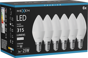 Mexen Nova 6x LED žiarovka E14, C37, 3W, Neutrálna - 4000K, 315 lm - L102-E14-0340-01x06