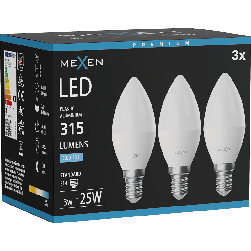 Mexen Nova 3x LED žiarovka E14, C37, 3W, Studená - 6500K, 315 lm - L102-E14-0365-01x03