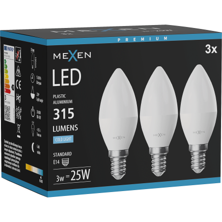 Mexen Nova 3x LED žiarovka E14, C37, 3W, Studená - 6500K, 315 lm - L102-E14-0365-01x03