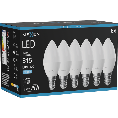 Mexen Nova 6x LED žiarovka E14, C37, 3W, Studená - 6500K, 315 lm - L102-E14-0365-01x06