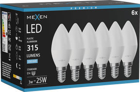 Mexen Nova 6x LED žiarovka E14, C37, 3W, Studená - 6500K, 315 lm - L102-E14-0365-01x06