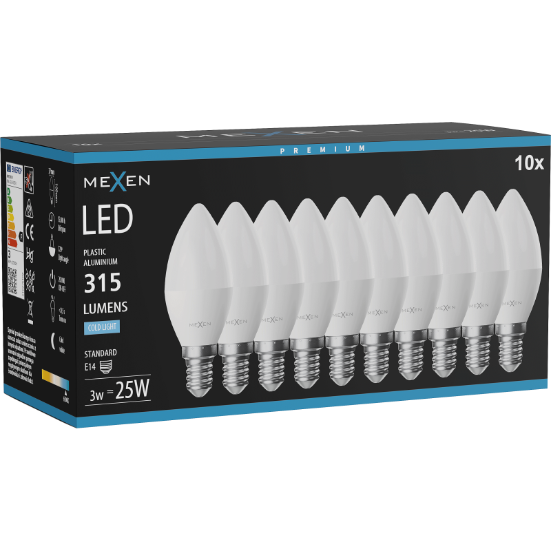Mexen Nova 10x LED žiarovka E14, C37, 3W, Studená - 6500K, 315 lm - L102-E14-0365-01x10