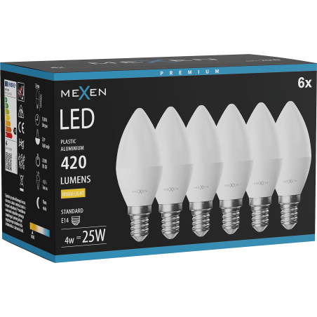 Mexen Nova 6x LED žiarovka E14, C37, 4W, Teplá - 3000K, 420 lm - L102-E14-0430-01x06