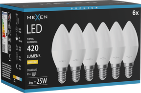 Mexen Nova 6x LED žiarovka E14, C37, 4W, Teplá - 3000K, 420 lm - L102-E14-0430-01x06