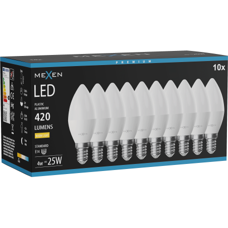 Mexen Nova 10x LED žiarovka E14, C37, 4W, Teplá - 3000K, 420 lm - L102-E14-0430-01x10