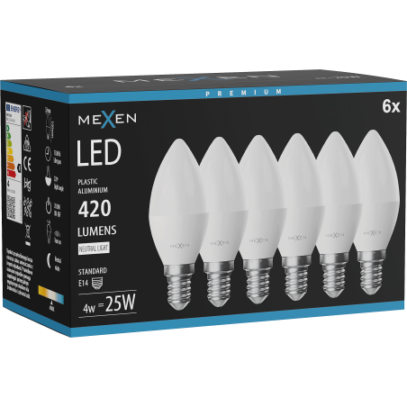 Mexen Nova 6x LED žiarovka E14, C37, 4W, Neutrálna - 4000K, 420 lm - L102-E14-0440-01x06