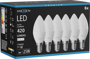 Mexen Nova 6x LED žiarovka E14, C37, 4W, Neutrálna - 4000K, 420 lm - L102-E14-0440-01x06