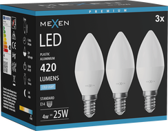 Mexen Nova 3x LED žiarovka E14, C37, 4W, Studená - 6500K, 420 lm - L102-E14-0465-01x03