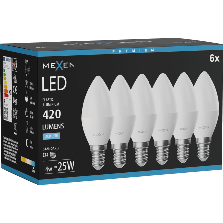 Mexen Nova 6x LED žiarovka E14, C37, 4W, Studená - 6500K, 420 lm - L102-E14-0465-01x06