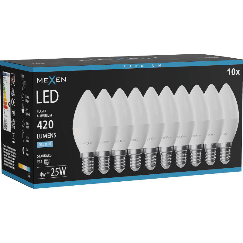 Mexen Nova 10x LED žiarovka E14, C37, 4W, Studená - 6500K, 420 lm - L102-E14-0465-01x10