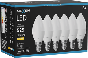 Mexen Nova 6x LED žiarovka E14, C37, 5W, Teplá - 3000K, 525 lm - L102-E14-0530-01x06