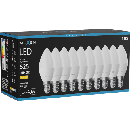 Mexen Nova 10x LED žiarovka E14, C37, 5W, Teplá - 3000K, 525 lm - L102-E14-0530-01x10