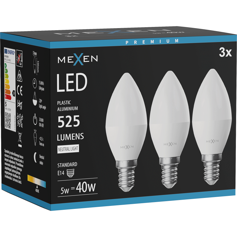 Mexen Nova 3x Žiarovka LED E14, C37, 5W, Neutrálna - 4000K, 525 lm - L102-E14-0540-01x03