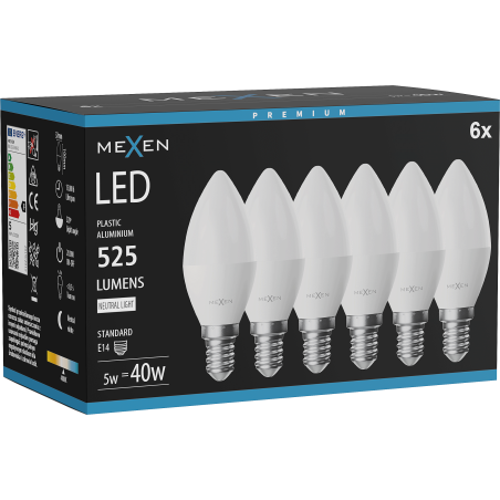 Mexen Nova 6x LED žiarovka E14, C37, 5W, Neutrálna - 4000K, 525 lm - L102-E14-0540-01x06