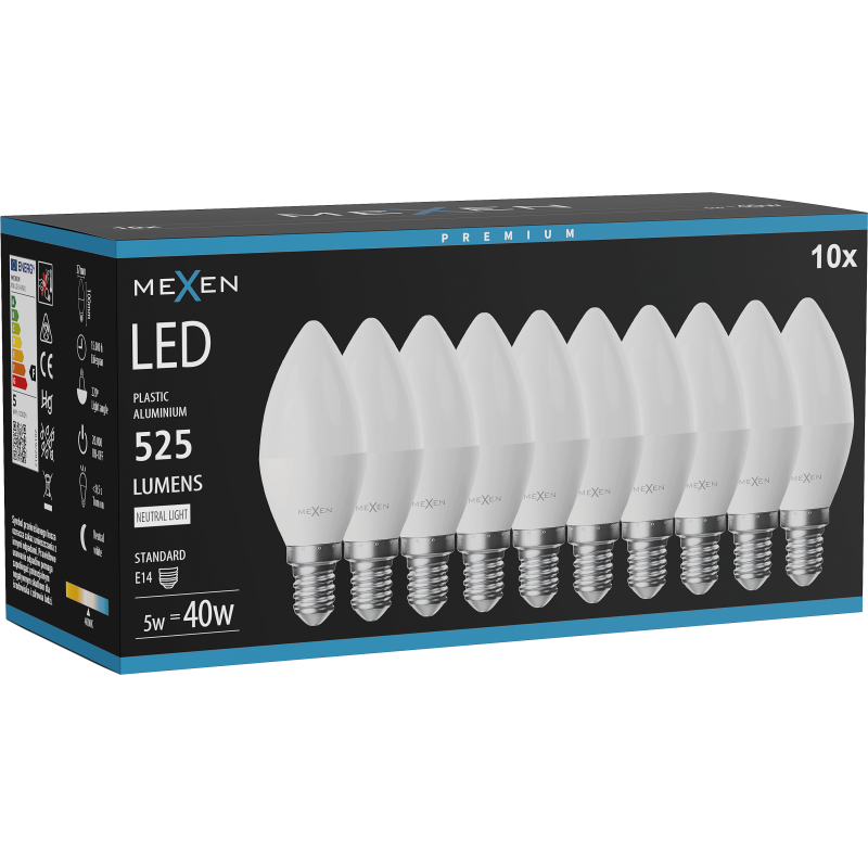 Mexen Nova 10x LED žiarovka E14, C37, 5W, Neutrálna - 4000K, 525 lm - L102-E14-0540-01x10