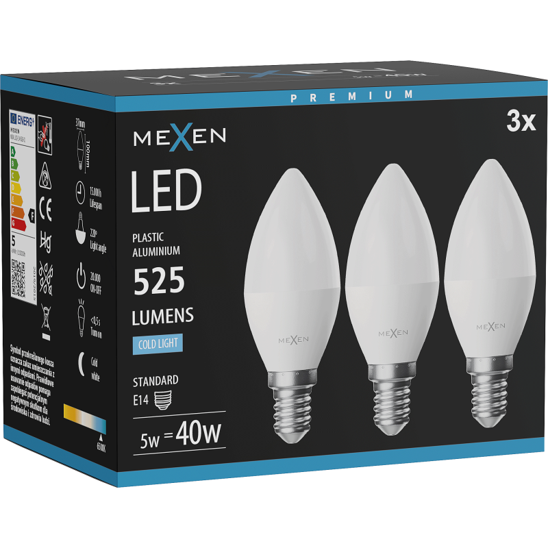 Mexen Nova 3x LED žiarovka E14, C37, 5W, Studená - 6500K, 525 lm - L102-E14-0565-01x03
