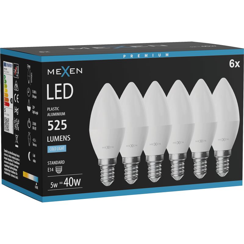 Mexen Nova 6x LED žiarovka E14, C37, 5W, Studená - 6500K, 525 lm - L102-E14-0565-01x06