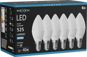 Mexen Nova 6x LED žiarovka E14, C37, 5W, Studená - 6500K, 525 lm - L102-E14-0565-01x06