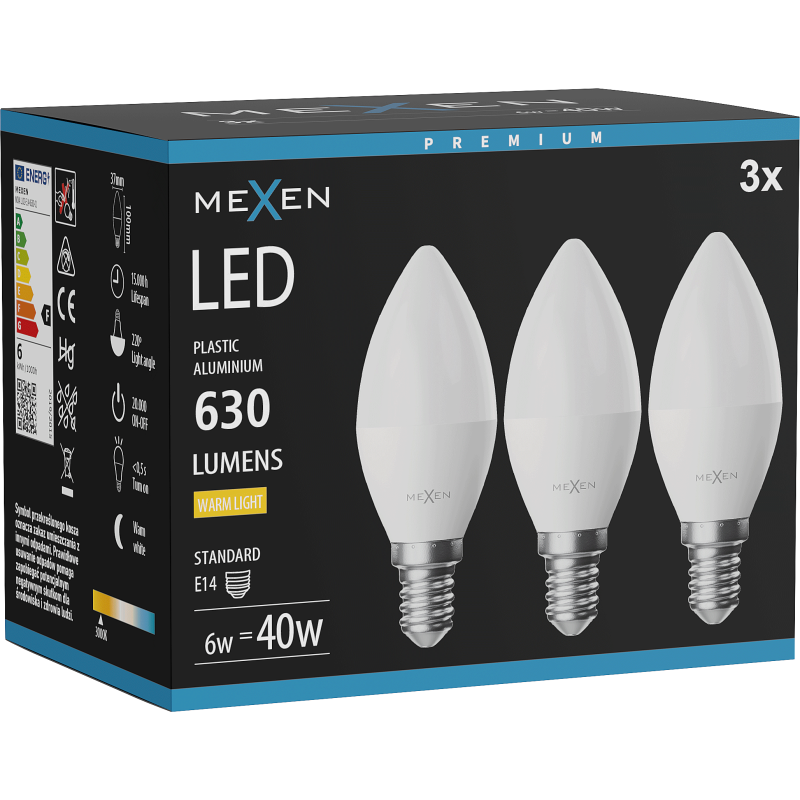 Mexen Nova 3x LED žiarovka E14, C37, 6W, Teplá - 3000K, 630 lm - L102-E14-0630-01x03