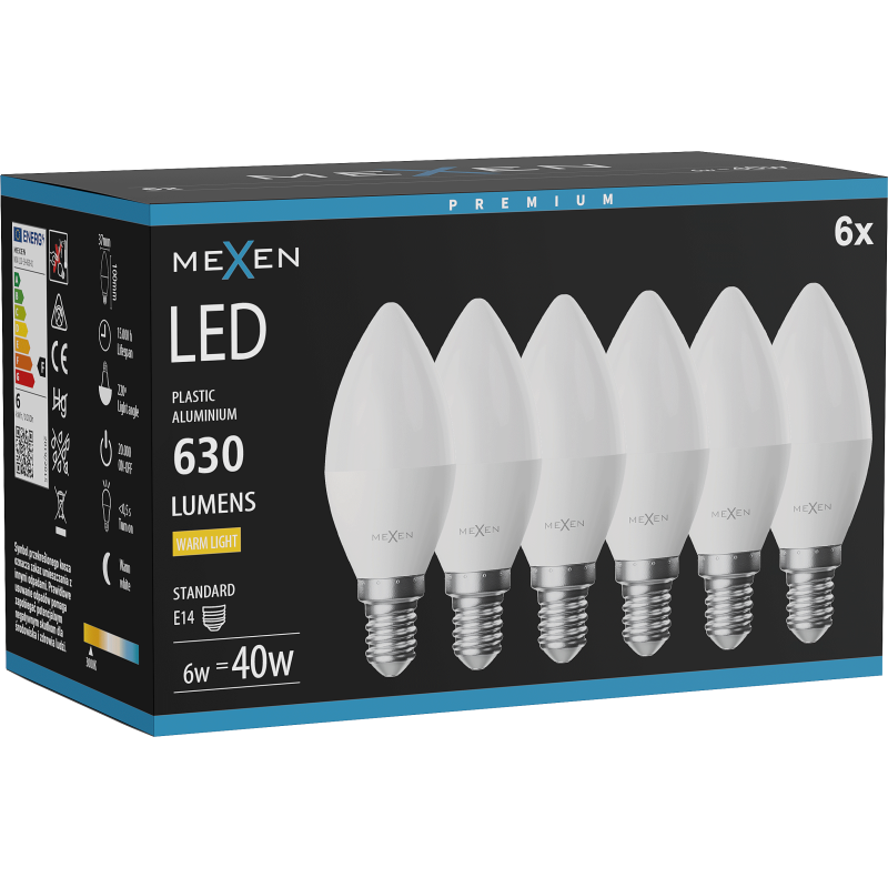 Mexen Nova 6x LED žiarovka E14, C37, 6W, Teplá - 3000K, 630 lm - L102-E14-0630-01x06