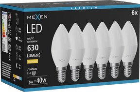 Mexen Nova 6x LED žiarovka E14, C37, 6W, Teplá - 3000K, 630 lm - L102-E14-0630-01x06