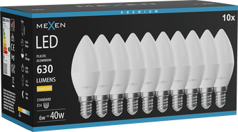 Mexen Nova 10x LED žiarovka E14, C37, 6W, Teplá - 3000K, 630 lm - L102-E14-0630-01x10
