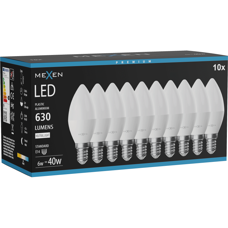 Mexen Nova 10x LED žiarovka E14, C37, 6W, Neutrálna - 4000K, 630 lm - L102-E14-0640-01x10