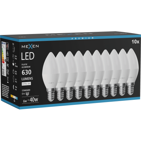 Mexen Nova 10x LED žiarovka E14, C37, 6W, Neutrálna - 4000K, 630 lm - L102-E14-0640-01x10