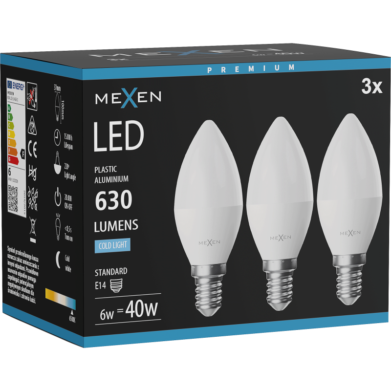 Mexen Nova 3x LED žiarovka E14, C37, 6W, Studená - 6500K, 630 lm - L102-E14-0665-01x03