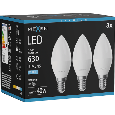 Mexen Nova 3x LED žiarovka E14, C37, 6W, Studená - 6500K, 630 lm - L102-E14-0665-01x03