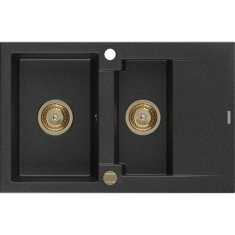 Mexen Gaspar granitový 1,5-komorový drez s odkvapkávačom 737 x 475 mm, Čierna/Strieborná metalíza, Sifón Zlatá - 6507731505-73-G