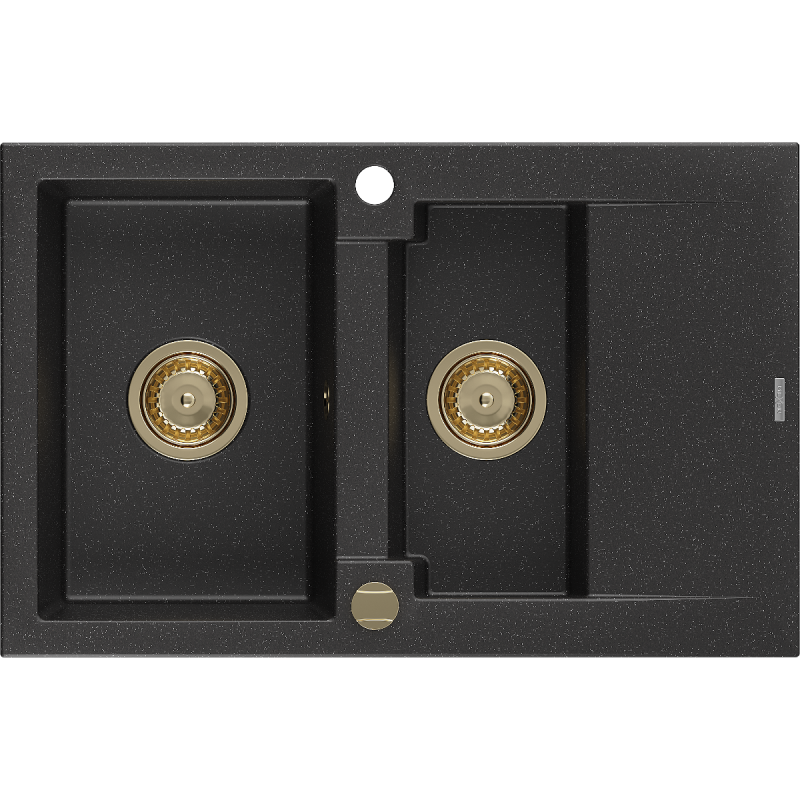 Mexen Gaspar granitový drez 1,5-komorový s odkvapkávačom 737 x 475 mm, čierny/strieborný metalík, sifón zlatý