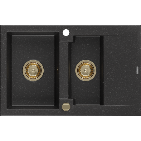 Mexen Gaspar granitový drez 1,5-komorový s odkvapkávačom 737 x 475 mm, čierny/strieborný metalík, sifón zlatý