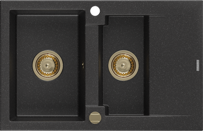 Mexen Gaspar granitový drez 1,5-komorový s odkvapkávačom 737 x 475 mm, čierny/strieborný metalík, sifón zlatý