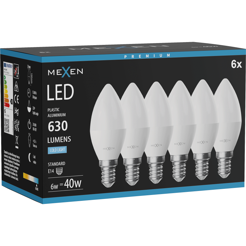 Mexen Nova 6x LED žiarovka E14, C37, 6W, Studená - 6500K, 630 lm - L102-E14-0665-01x06