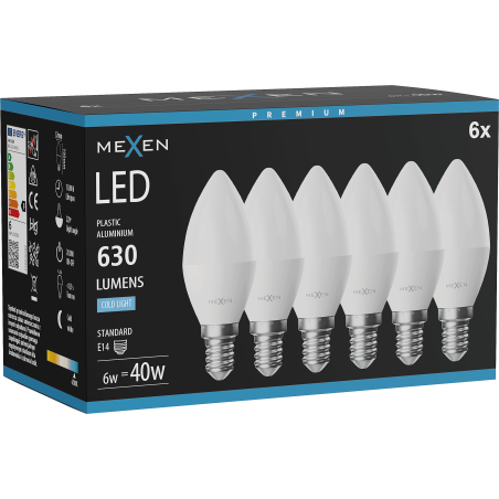 Mexen Nova 6x LED žiarovka E14, C37, 6W, Studená - 6500K, 630 lm - L102-E14-0665-01x06