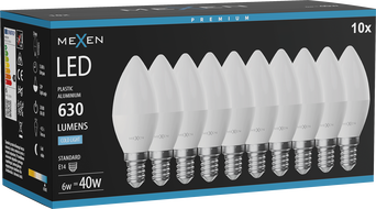 Mexen Nova 10x LED žiarovka E14, C37, 6W, Studená - 6500K, 630 lm - L102-E14-0665-01x10