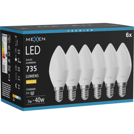 Mexen Nova 6x LED žiarovka E14, C37, 7W, Teplá - 3000K, 735 lm - L102-E14-0730-01x06