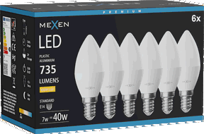 Mexen Nova 6x LED žiarovka E14, C37, 7W, Teplá - 3000K, 735 lm - L102-E14-0730-01x06